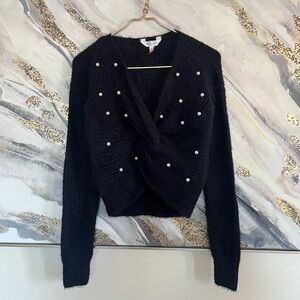 No Boundaries Black Pearl-Studded V-Neck Sweater grunge size S party